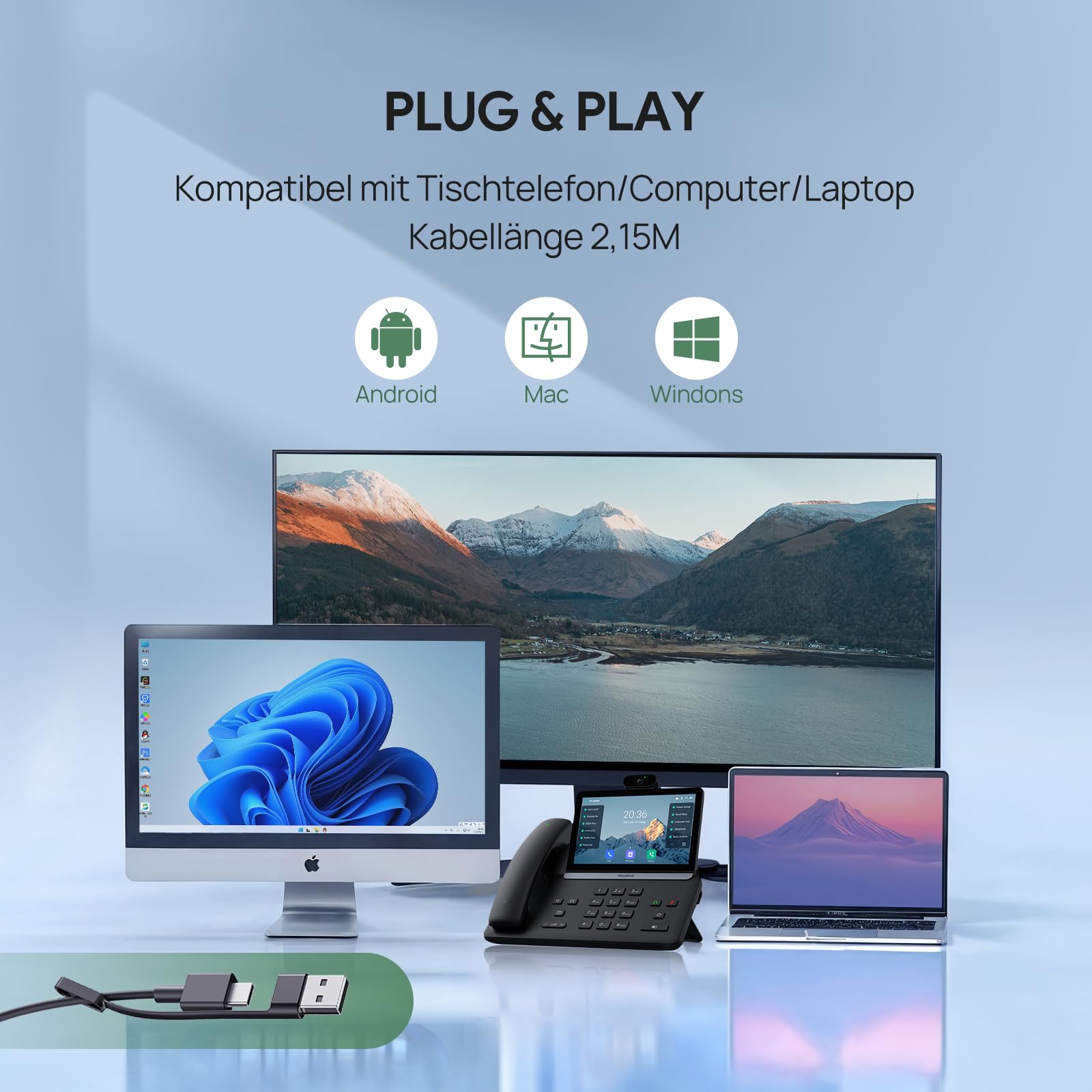 Yealink UH42 Dual Headset USB con microfono di cancellazione del rumore, cuffie stereo cablate con adattatore USB-C/A per PC, laptop, lavoro, ufficio, call center squadre certificate