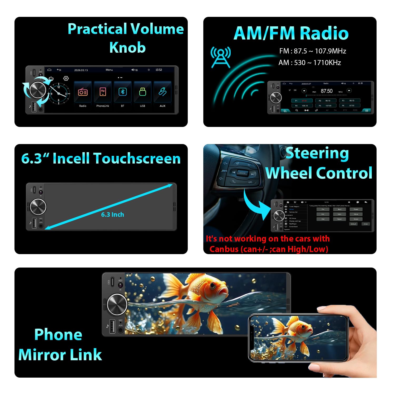 Autoradio 1DIN Mit Bildschirm (6,3") Kompatibel Mit Apple CarPlay [Wireless] Android Auto Bluetooth USB (Typ-C 3A Schnellladung) Rückfahrkamera AM/FM/RDS Radio