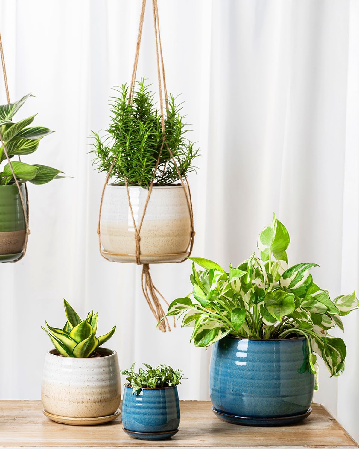 Ceramic Plant Pots with Drainage Holes and Saucers, Indoor Flower Pots for Plants Set of 3, 3.4+4.7+6.1 inch Cute Garden Pots Set for Succulent and Money Tree, Gift for Housewarmings, Blue