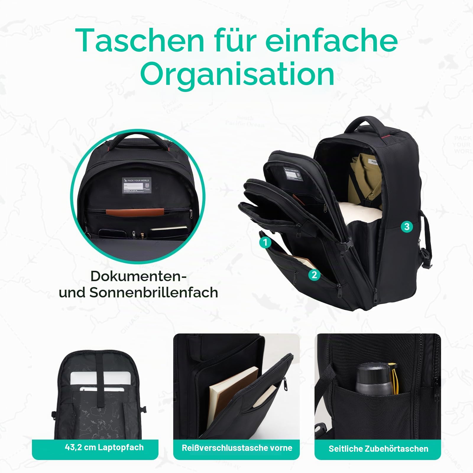 OIWAS Rucksack mit Rollen, 43,9 cm (17,3 Zoll) Roll-Laptop-Rucksack, 36 l Rollen, Untersitz-Kabinentasche für Reisen, Business, Schule, Fluggenehmigt, Easyjet-Rucksack für Herren, Schwarz, All-Black,