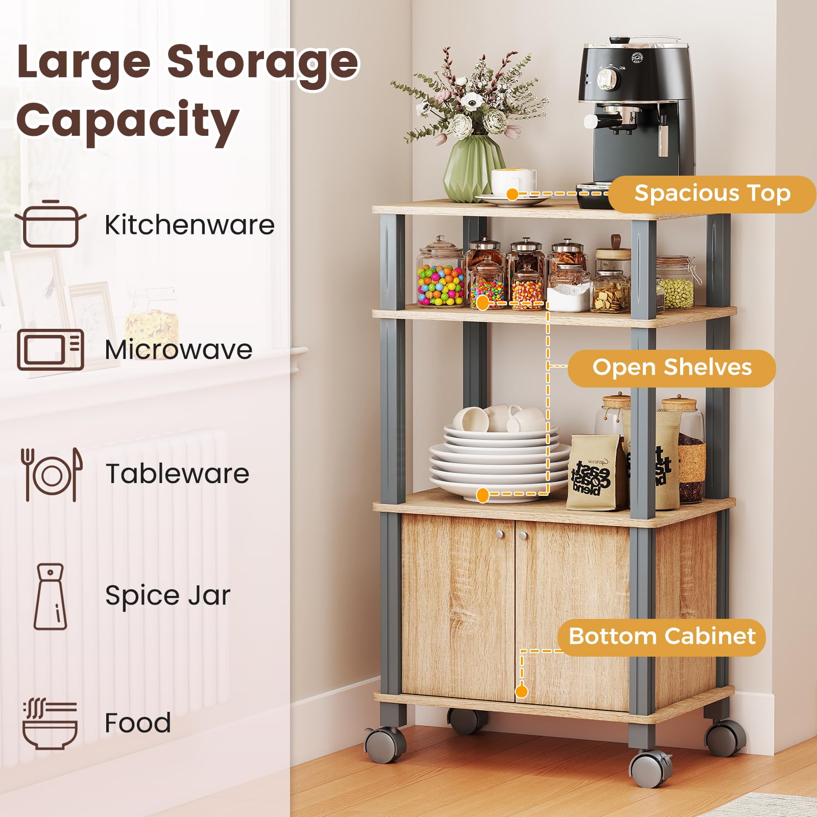 KOMFOTTEU Carrello da Cucina a 3 Livelli per Microonde, Carrello Portaoggetti con Ruote e Armadio con Porta, Carrello di Servizio in Legno, Organizer per Sala da Pranzo, 60 x 40 x 98 cm (Naturale)