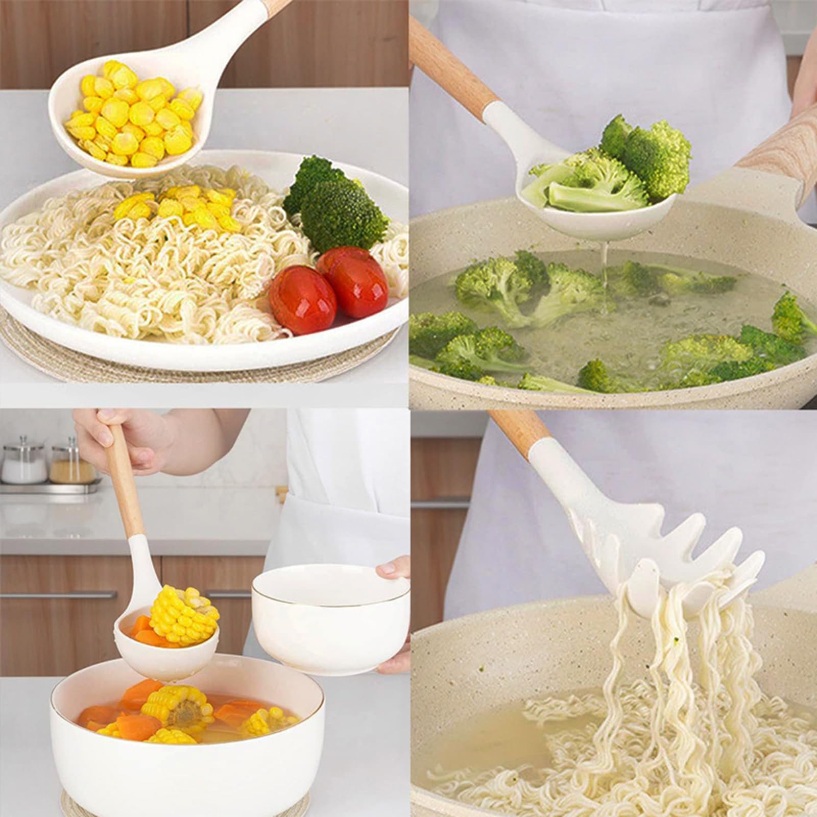 12 Pezzi Set Utensili Cucina Silicone, Set Di Utensili Da Cucina Con Porta Utensili, Mestoli Cucina Silicone Antiaderente Con Manico in Legno, Pentole, Set Mestoli Cucina Resistenti Al Calore
