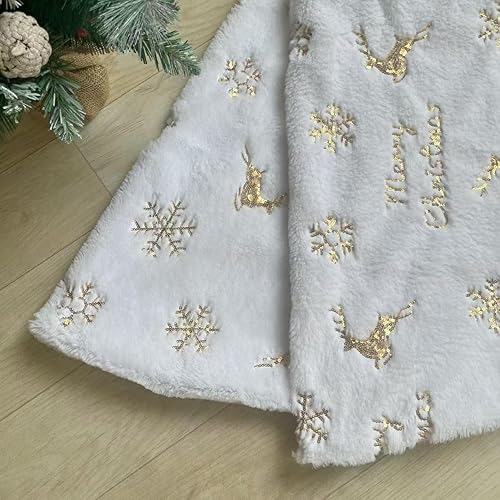 Vista 60 de Faldones de felpa para árbol de Navidad, 36 pulgadas, tapete de lujo de piel sintética blanca nevada con copos de nieve dorados para decoración