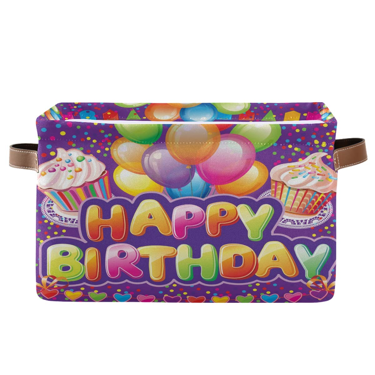 Rxyy Happy Birthday Party Canvas Fabric Storage Basket Collapsible Toys Storage Bin with PU Leather Handles Basket Box Organizer for Wardrobe Closet Shelves Organiser