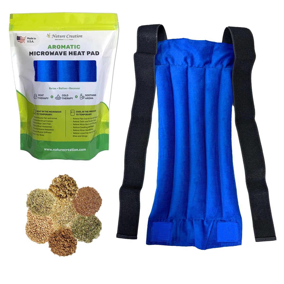 Nature Creation Microwaveable Herbal Heating Pad for Spine and Back - Soothing Herbal Hot & Cold Back Pack - Reusable & Portable Heating Pad with 2 Elastic Straps - Blue Corduroy