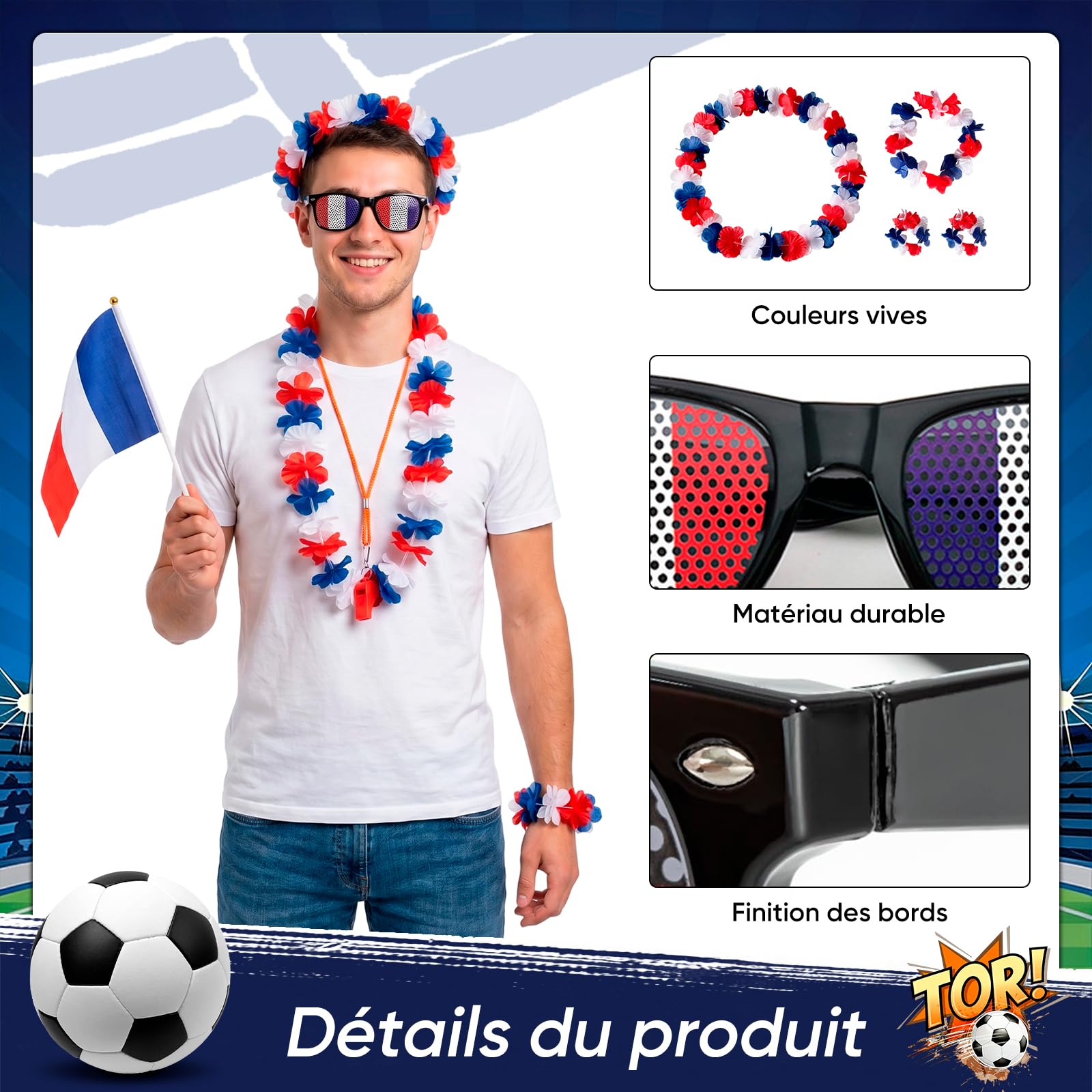 Kit Supporter France pour ﻿Grand Événement Football 2026 - Accessoires Bleu Blanc Rouge avec Lunettes Drapeau, Sifflet, 2 Drapeaux, 4 Stickers et Lei Set - Pack Supporter Equipe de France