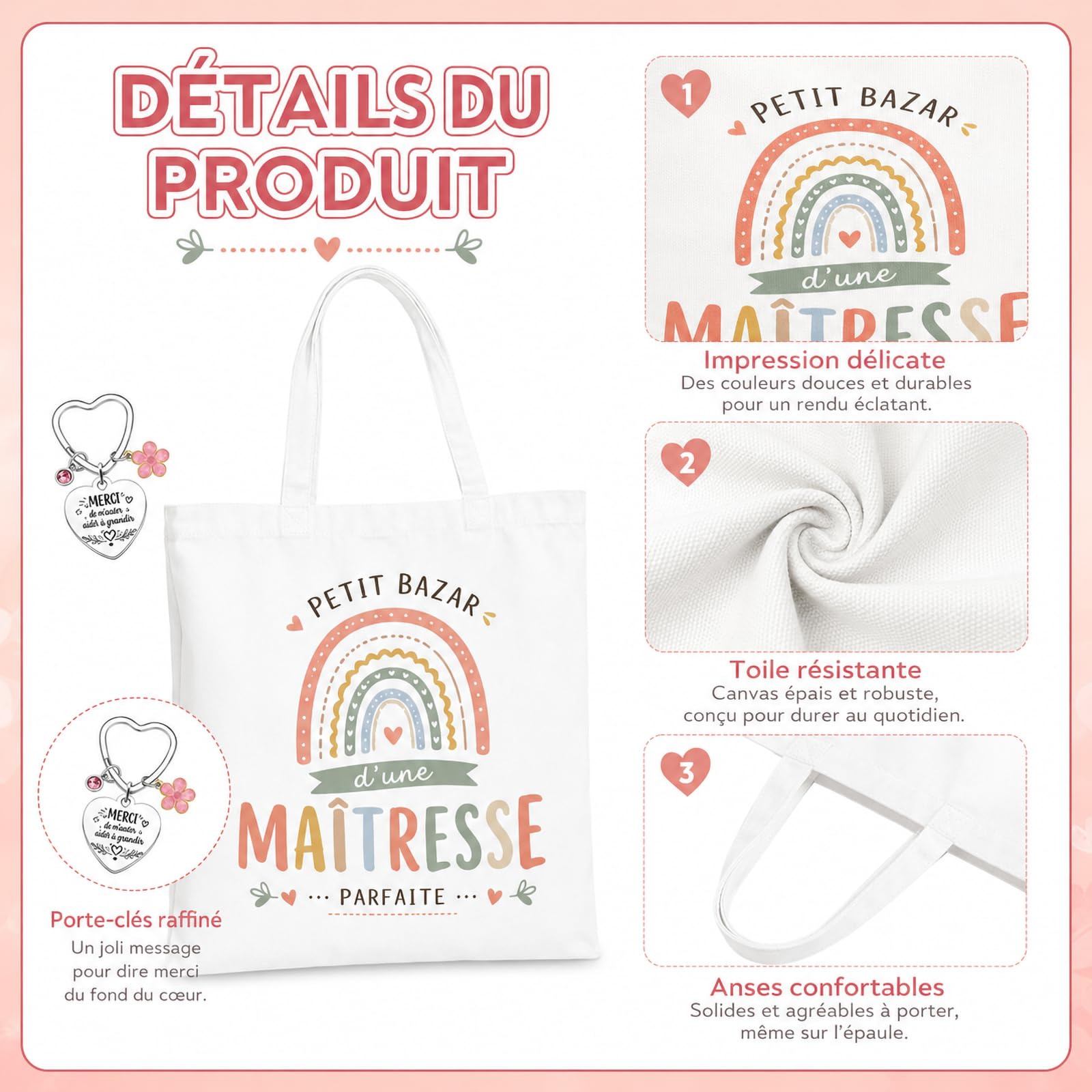 Sac En Toile & Porte-Clés Cœur En Acier Inoxydable Cadeau Maitresse D'École Original