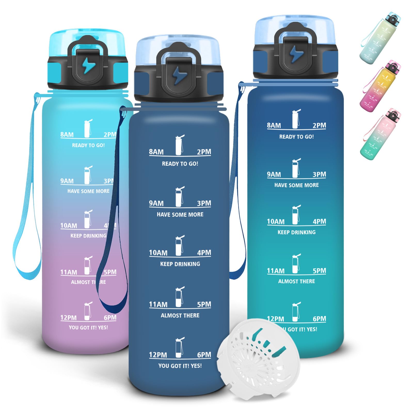 Grsta Trinkflasche 1l, Wasserflasche Auslaufsichere, Mit Zeitmarkierung und Schnürung, Trinkflasche Sport mit Sichere Verriegelung, Flasche mit Filter für Camping, Wandern, Arbeit