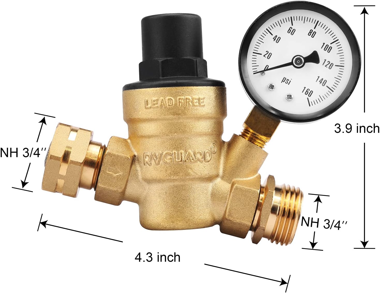 RVGUARD RV Water Pressure Regulator Valve, Brass Lead-Free Adjustable Water Pressure Reducer with Gauge and Inlet Screen Filter for RV Camper Travel Trailer : Automotive