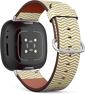 CJBROES Replacement Leather Watch Band, Compatible with Fitbit Versa 3 and Fitbit Sense of Wristband Bracelet Accessory - Gold Wave