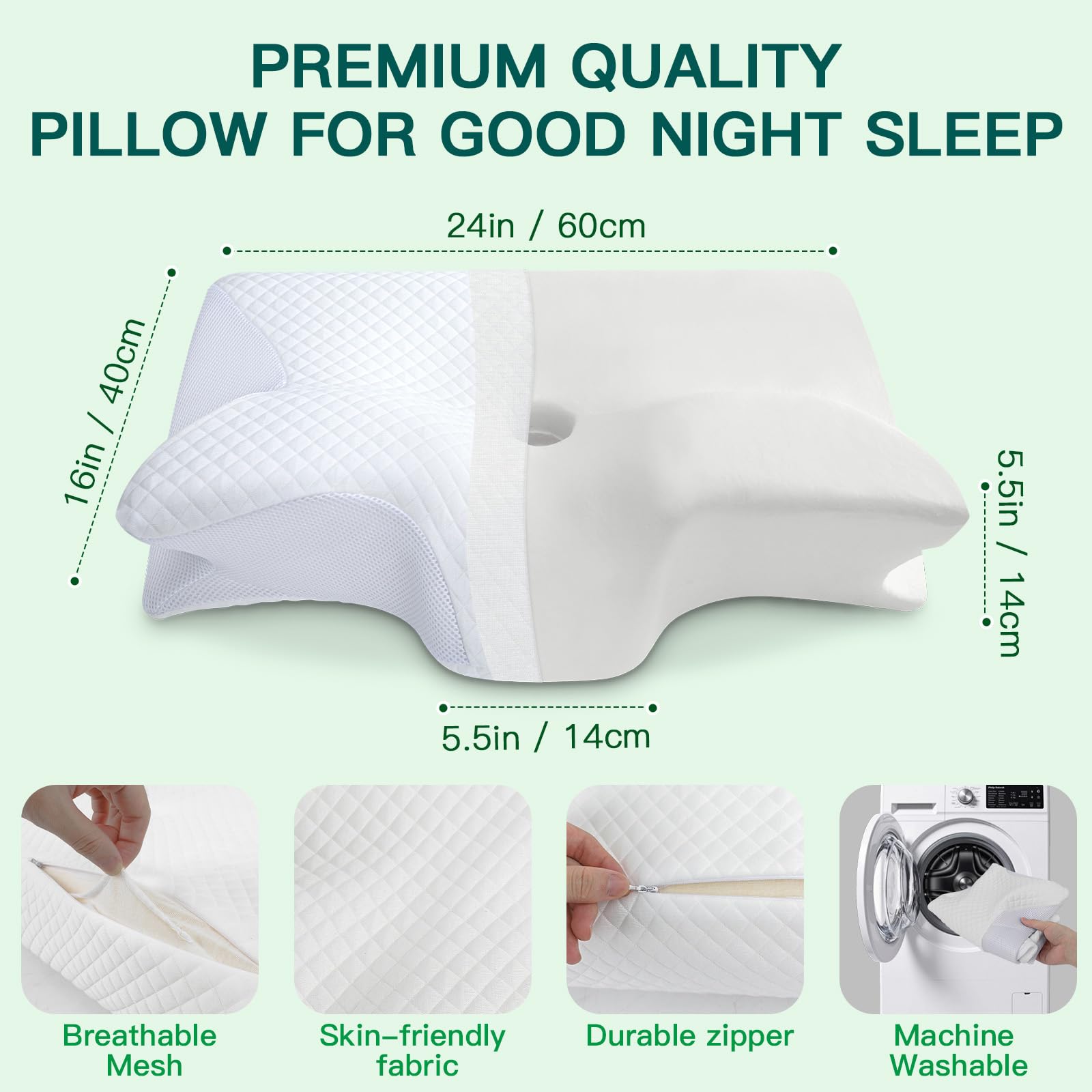 Almohada Cervical Espuma Viscoelástica, Blanco, 60x40x12/14cm | 2 en 1 Almohada Ergonómico para Cuello, Dormir de Lado, Boca Arriba y Boca Abajo, Funda Extraíble y Lavable