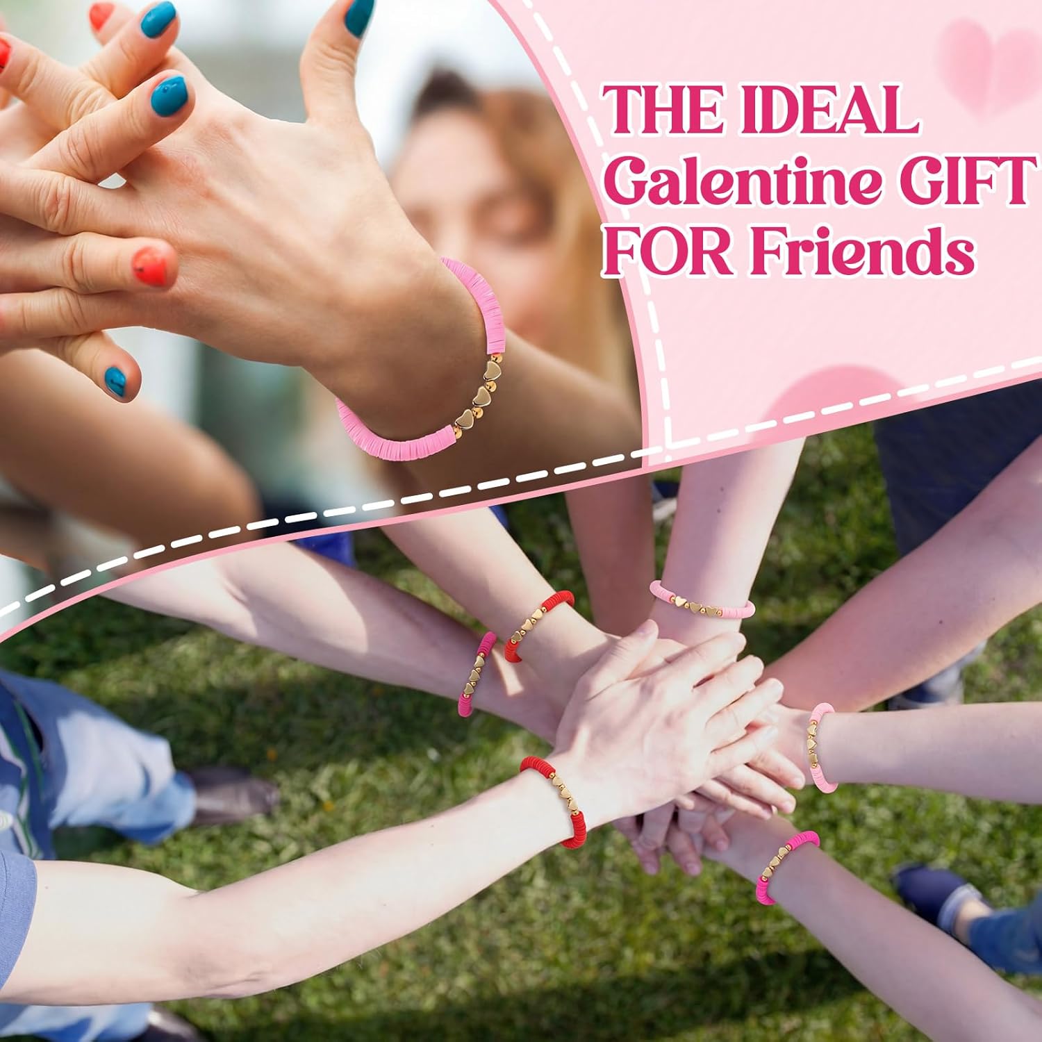 Cunno 36 Pcs Friendship Bracelets Gift Set Include Colorful Clay Bead Heart Bracelet Galentines Day Gift Card Organza Bags for Girls Women Valentines Day Party Favors