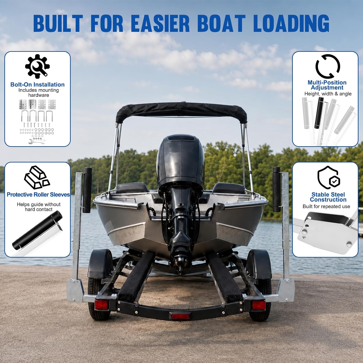 Wesiti Adjustable Boat Trailer Guide-Ons with Side Rollers, Galvanized Steel Boat Loading Guides, Bolt-On Kit for Fishing Jon Ski Pontoon & Small Sailboats