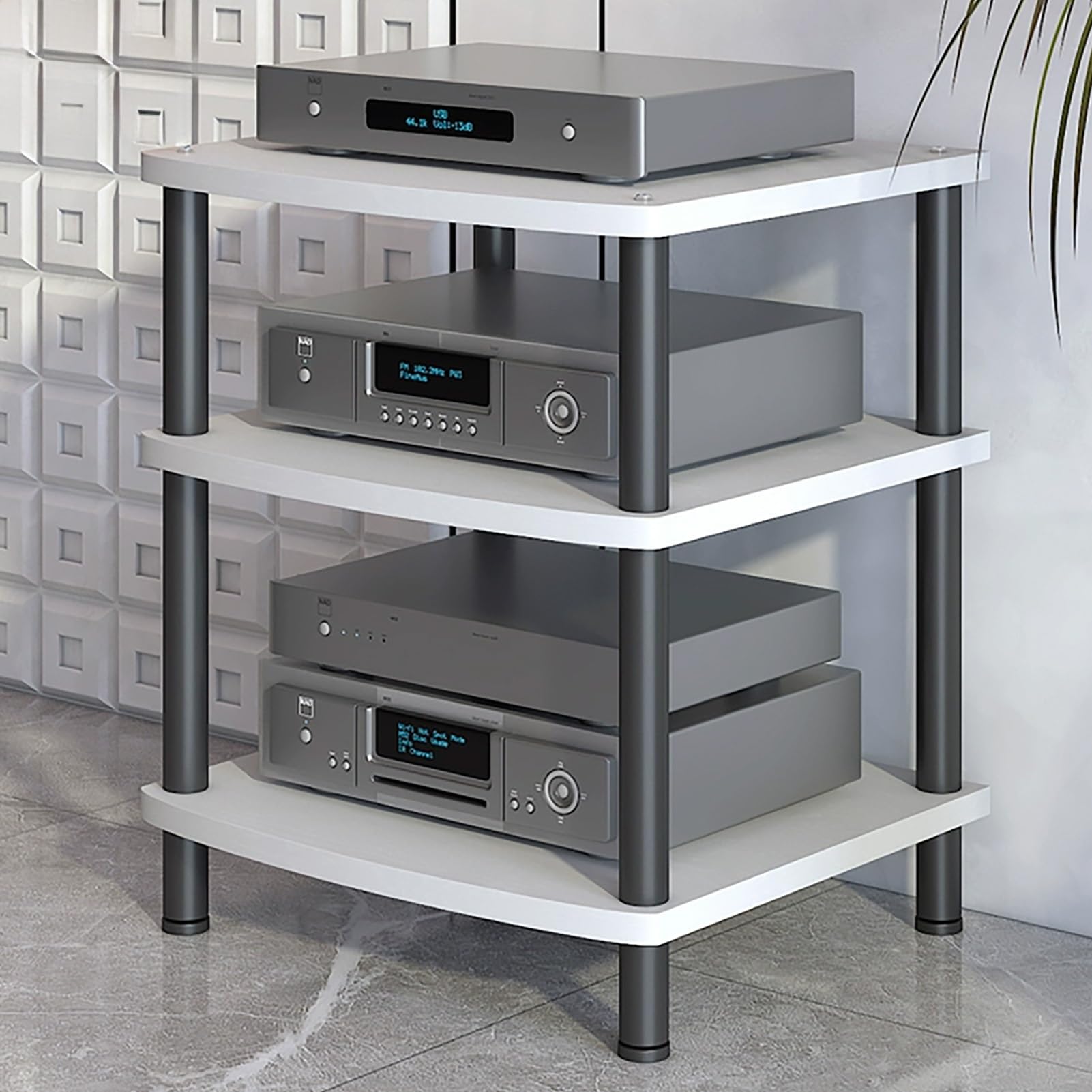 Modern AV Media Stand, 3-Tier Stereo Cabinet with Carbon Steel Frame, Wooden Storage for TV, DVD Players &amp; Accessories(White,3 Tier 60x54x66CM)
