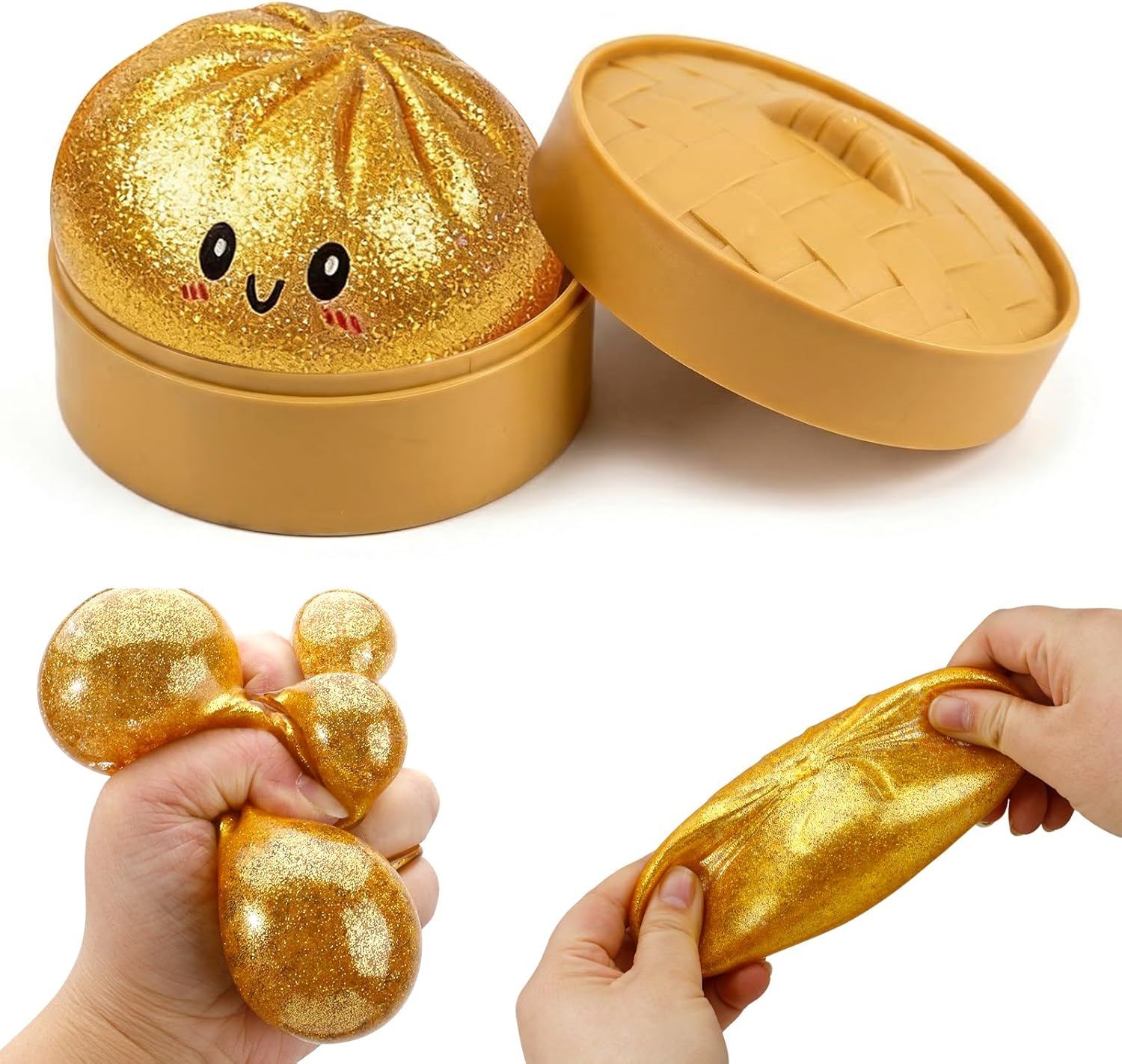 Dumpling Squishy Mystery Box, Glitter Dumpling, Dumplings Style Stress Balls for Adults and Kids, Cute Steamer Basket Design with Squeezable Bun Stress Relief Fidget Toys (4 PCS)