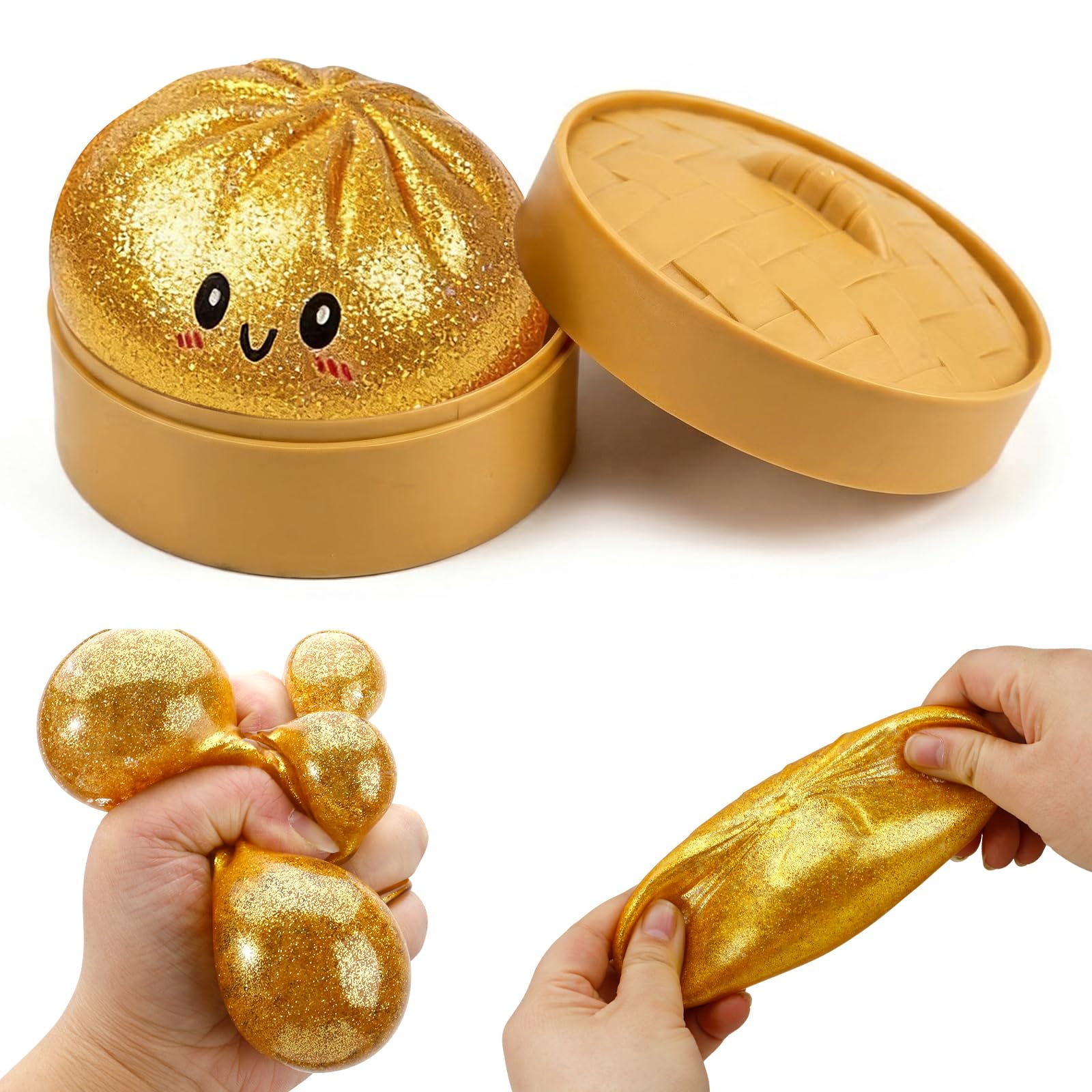 Photo 1 of [ORANGE NOT GOLD] Dumpling Squishy, Glitter Dumpling, Dumplings Style Stress Balls for Adults and Kids, Cute Steamer Basket Design with Squeezable Bun Stress Relief Fidget Toys (ORANGE Glitter 1 PC)