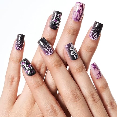 Miniatura 5 de GLAMERMAID Uñas postizas a presión cuadradas medianas, uñas de gel con pegamento morado gótico con mal de ojo, 24 piezas de uñas postizas acrílicas