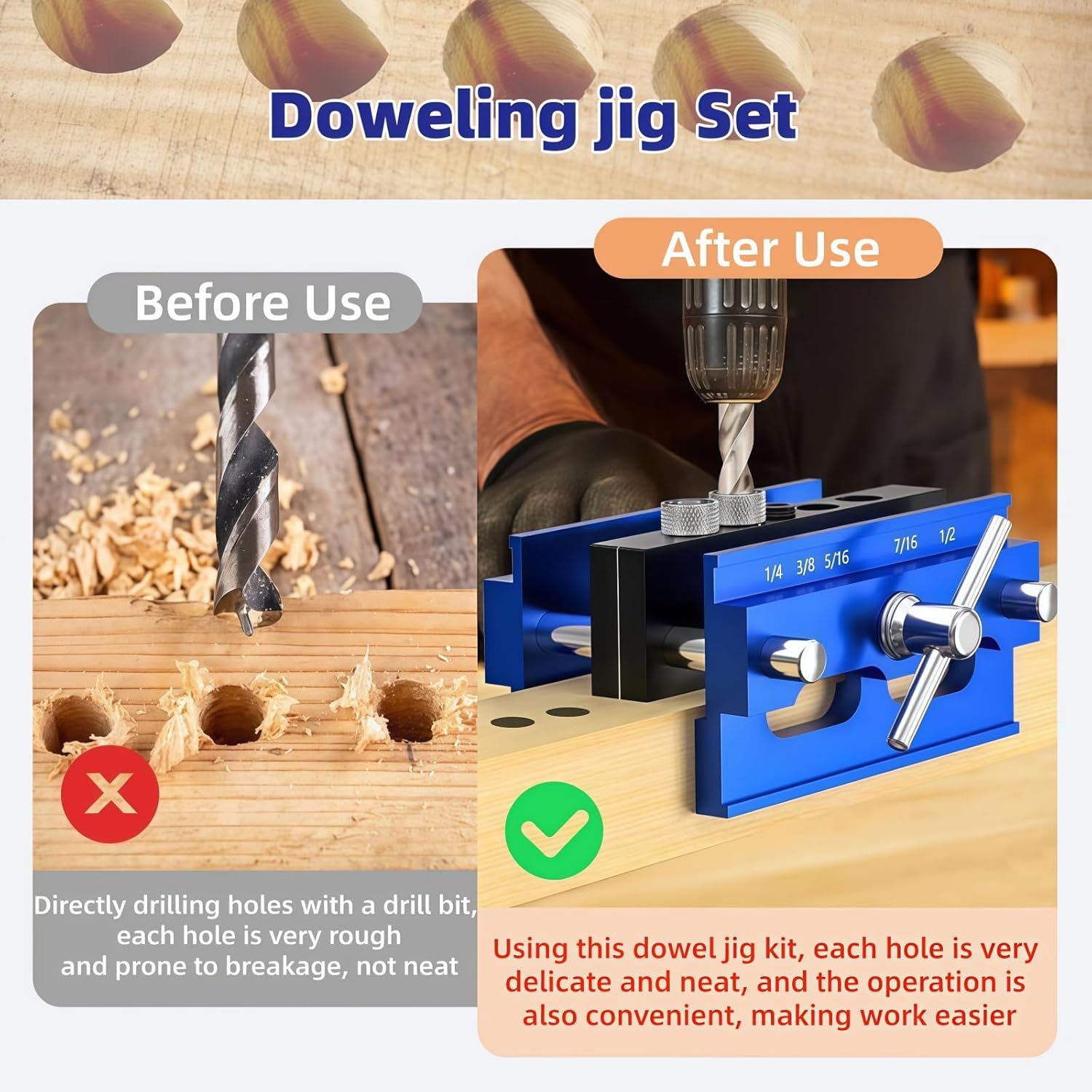 Self Centering Dowel Jig Kit for Woodworking, Adjustable Drill Guide with 6 Steel Bushings & 3 Drill for Straight Holes, Doweling Jig for Woodworking Projects Joiner Complete Tool Set (Long 7.3IN)