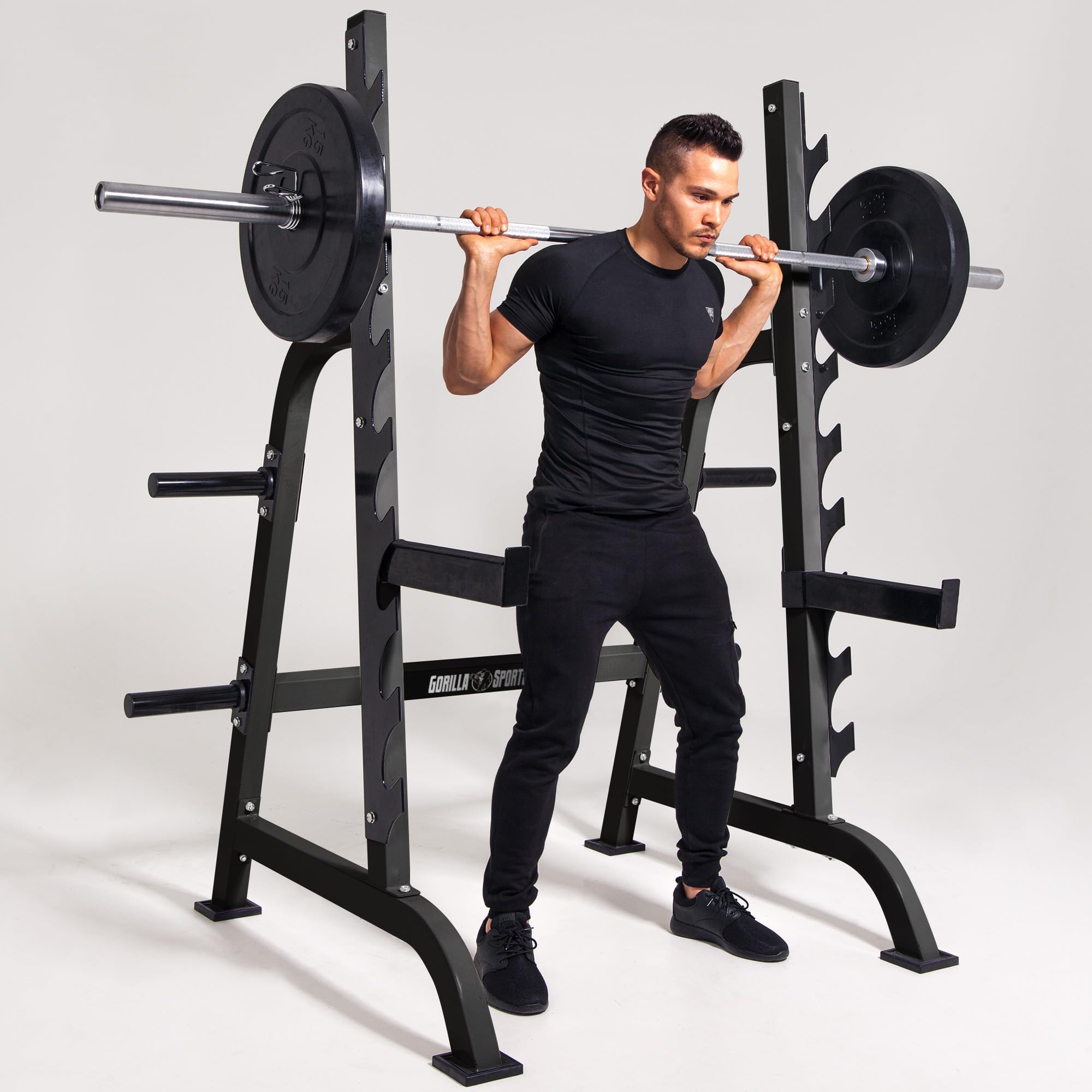 GORILLA SPORTS® Squat Rack mit 9 Ablagen und Scheibenständer, bis 300 kg | Mit 4 Aufnahmen für 50/51-mm-Scheiben und 40-cm-Sicherheitsablagen; Kniebeugenständer, Langhantelablage, Hantelständer