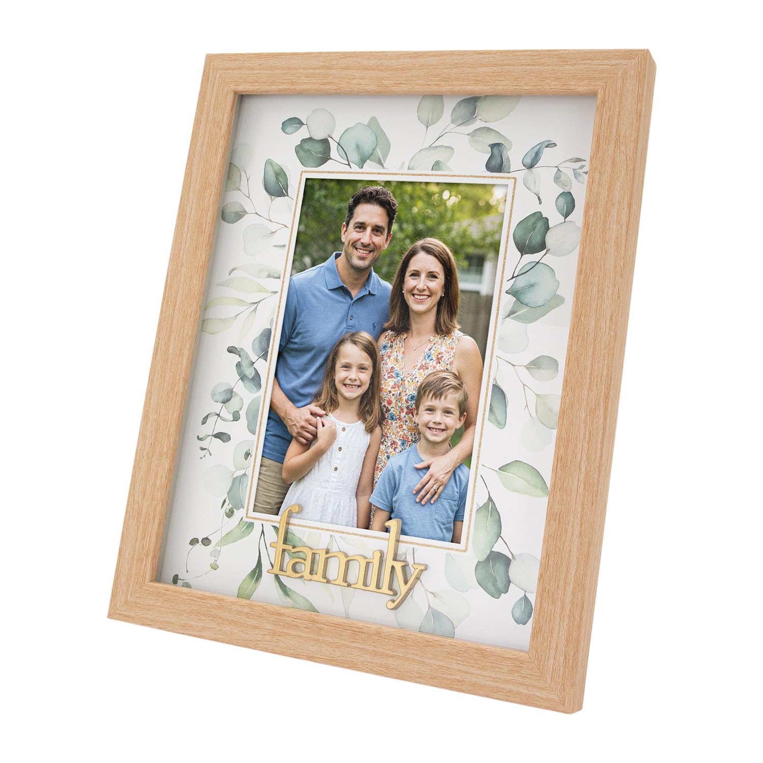Happy Homewares Modern Oak MDF Shiny Gold Family 4x6 Picture Frame with Emerald Green Floral Decoration | For Table or Wall Hanging