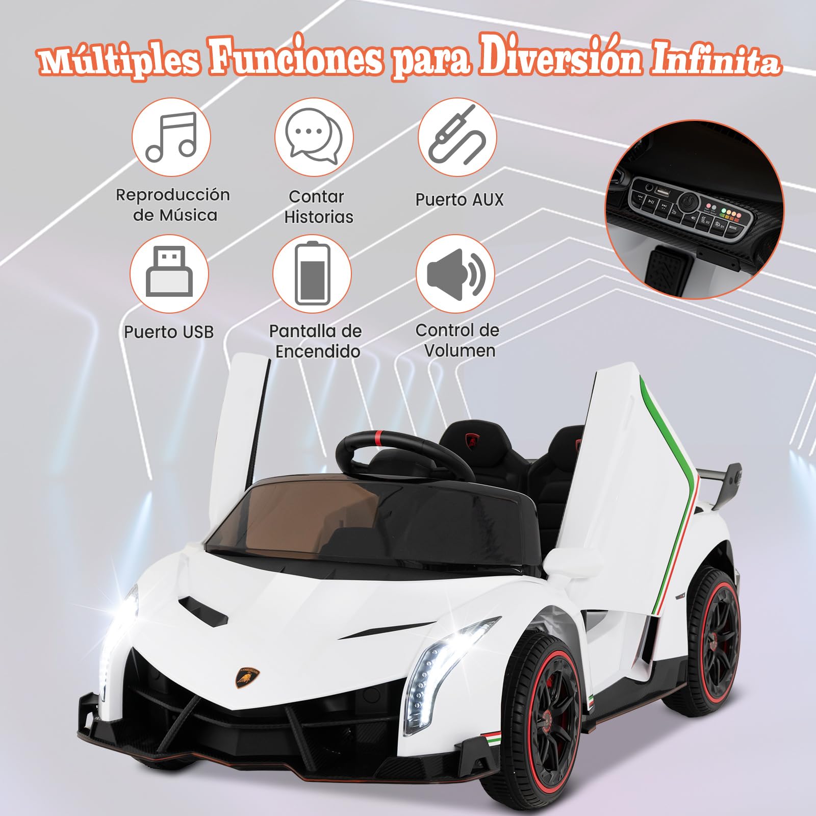 COSTWAY Lamborghini 12V Coche Eléctrico para Niños con Control Remoto 2,4G, 3 Velocidades, Puertas Hidráulicas, Luces LED, Blanco