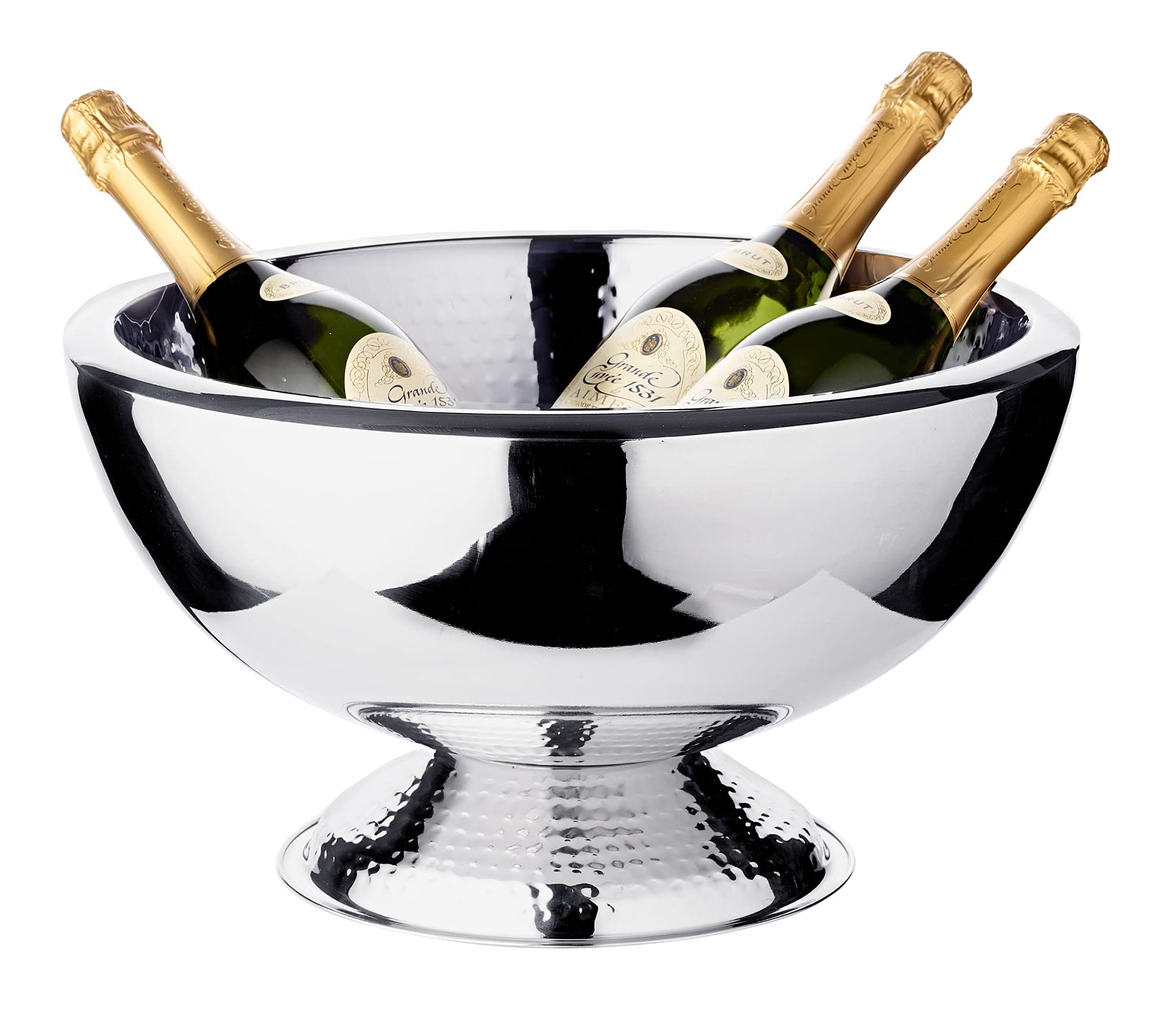 EDZARD Champanera Toni (Ø 43 cm, H 24 cm), acero inoxidable pulido espejo, de doble pared, martillada en el interior y en el pie – enfriador de botellas grande, enfriador de vino, cubitera grande