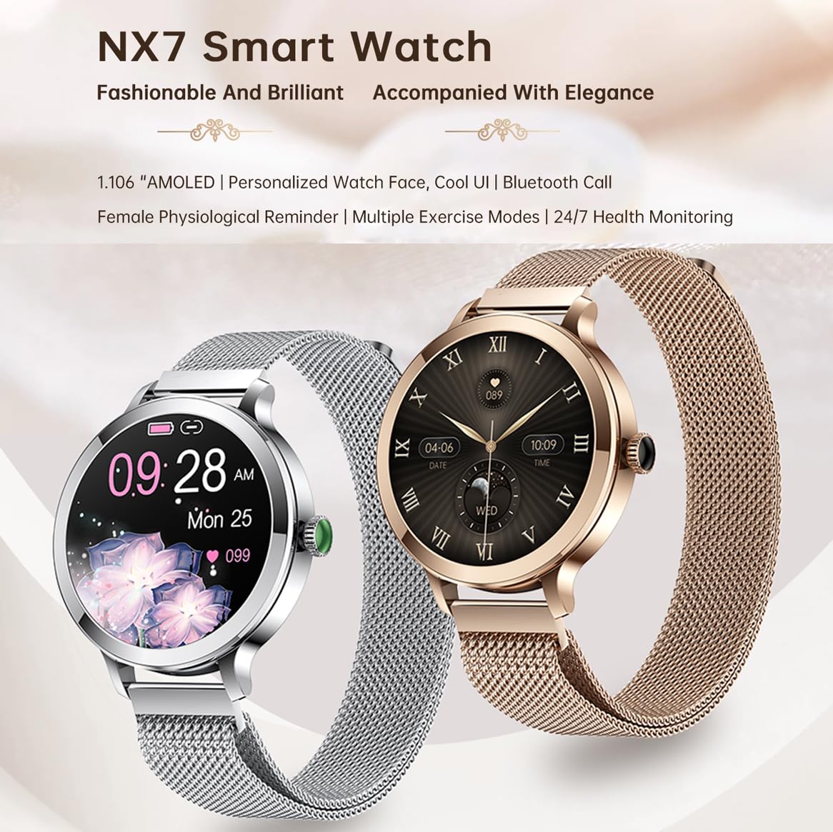 Montres Connectées Femme avec Tension Artérielle/Réponse aux Appels/Rythme Cardiaque/Pas/Sommeil/Multisports/Étanche IP68, Tracker Fitness 1,19" pour iOS Android (Argenté)
