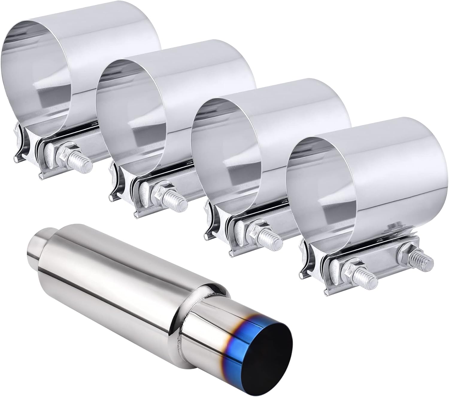 EVIL ENERGY 3.0'' Butt Joint Exhaust Band Clamp Sleeve Coupler 4pcs, Bundle with 3'' Inlet 4'' Outlet Exhaust Muffler Tip Universal Burnt