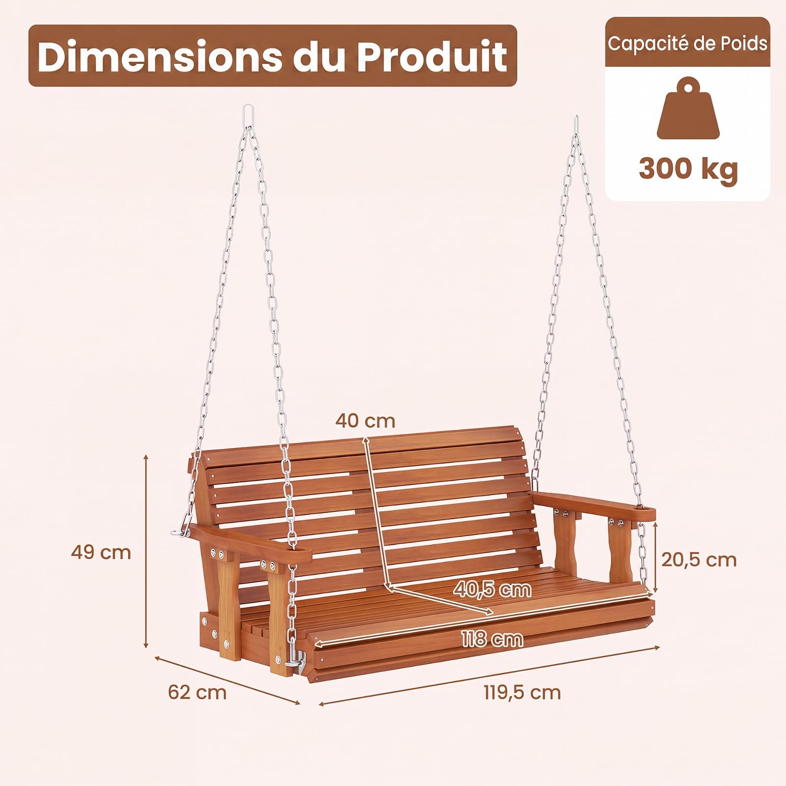 COSTWAY Balancelle de Jardin en Bois Sapin 2 Places, Chaînes Réglables