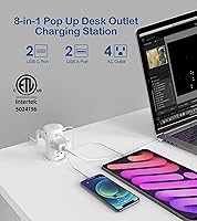 Vista 2 de Toma de corriente emergente de orificio de 2.5 pulgadas para encimera, USB C de 20W, 4 puertos USB, 4 tomas de 15 amperios con receptáculo Blanco