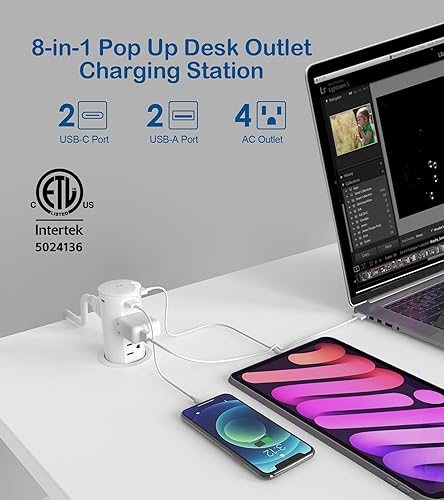 Miniatura 9 de Toma de corriente desplegable para encimera con USB C, ojal de alimentación de escritorio de orificio de 2.5 pulgadas, 4 salidas, 4 puertos USB,
