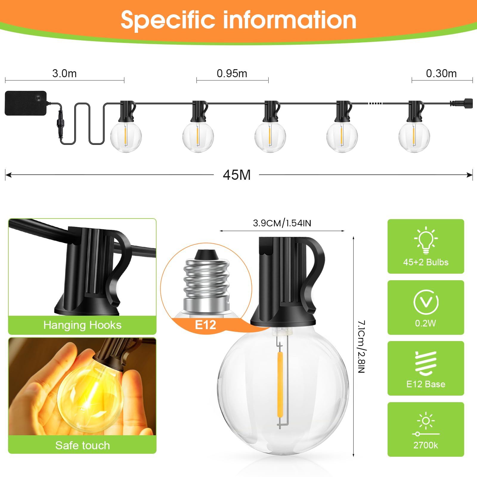 45M Guirnaldas Luces Exterior Jardín - G40 45+2 Bombillas LED Cadena de luz , Blanco Cálido Dimmable Impermeable Exteriores Iluminacion Lampadas IP44 para Terraza Jardín Patio Fiesta Boda Pergola