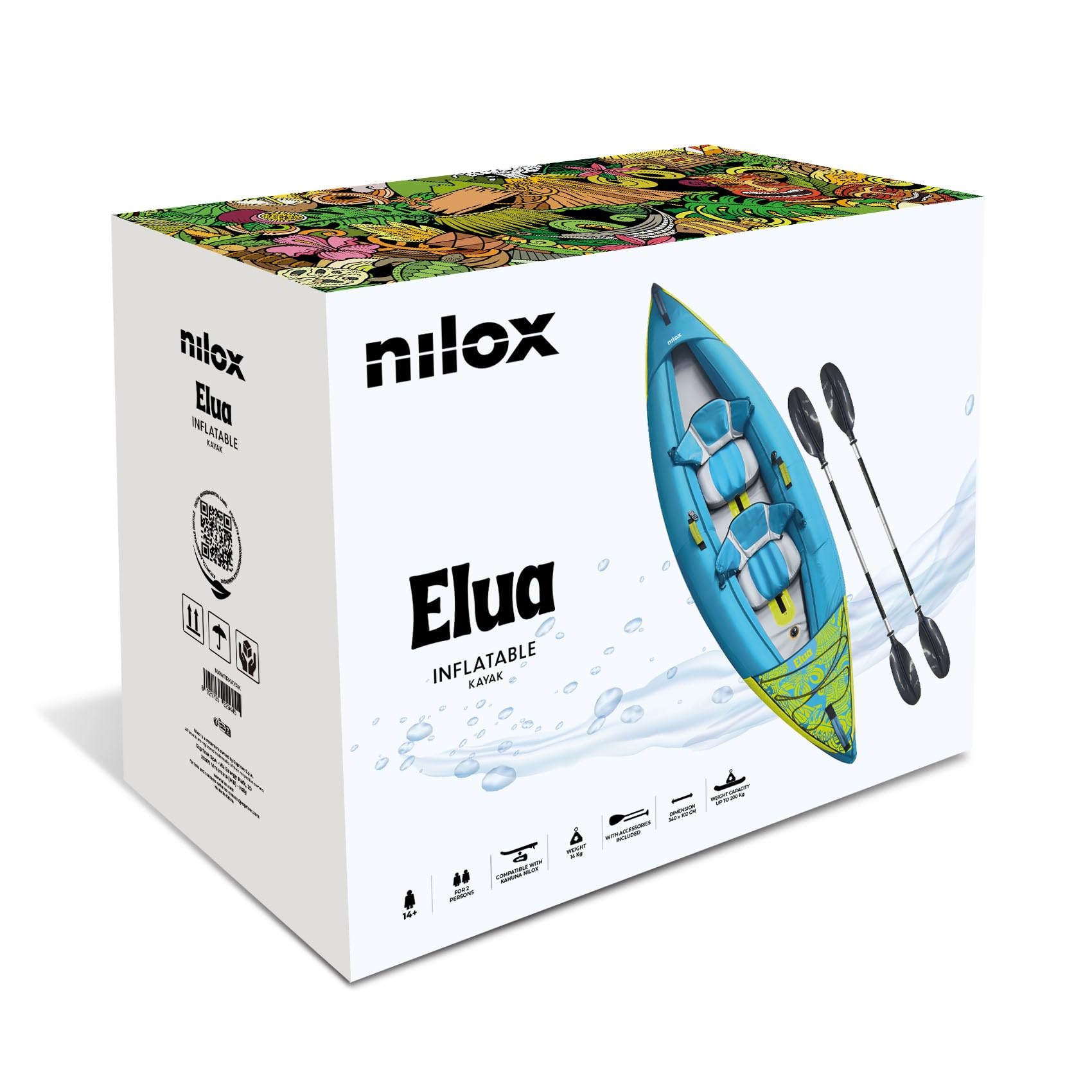 Nilox Kayak Hinchable de 2 Plazas de PVC, con 2 Remos de Aluminio, 2 Asientos, Bomba Manual y Bolsa de Transporte, Compatible con Waterscooter, Resistente 800D, Peso 14 kg, Dimensiones 340×102 cm