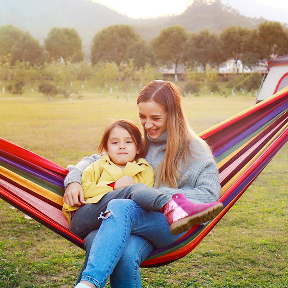 Dhyani e store Dhyani Cotton Fabric Canvas Travel Hammocks 450 Lbs Ultralight Camping Hammock Portable Beach Swing Bed with Hardwood Spreader Bar Tree Hanging, 280 x 100 cm, Red