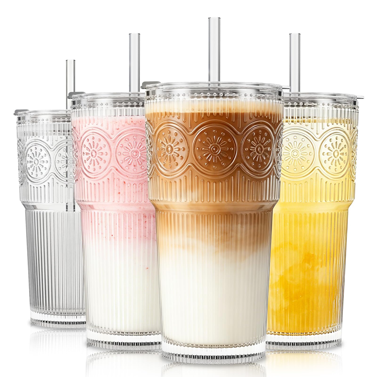SoulTimes 600 ml Glasbecher mit Deckel und Glasstrohhalm, 4 Stück – Wiederverwendbare Trinkgläser für Eiskaffee, Wasser, Smoothies, Milch, Cocktails & Matcha – Perfekt für Alltag und Reisen