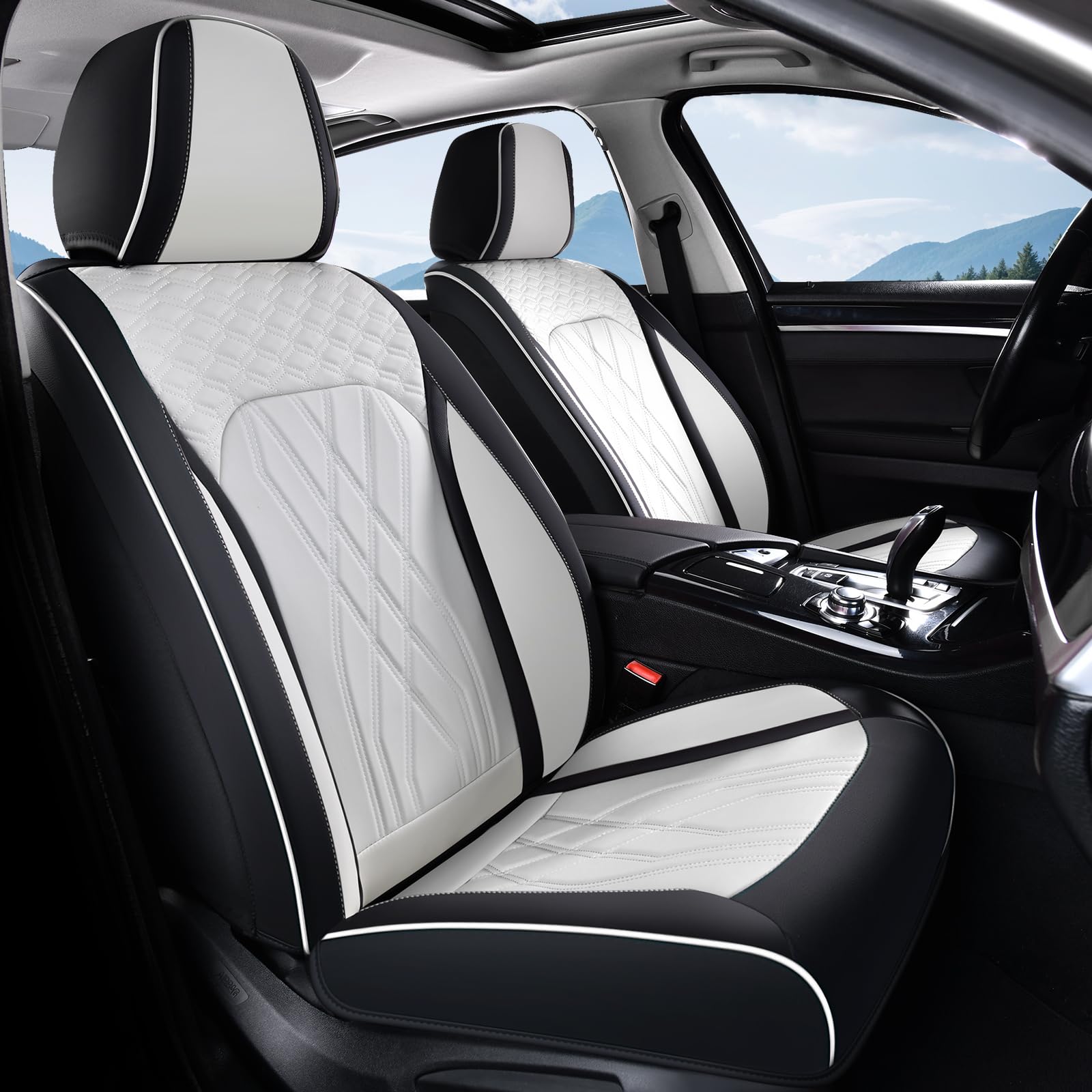 Car Seat Covers Front Seats Luxury Faux Leather Waterproof Seat Cover 2 Pack Front Pair Automotive Seat Covers Full Coverage Seat Cushion Universal Fit for Most Car Truck SUV, Black&amp;White