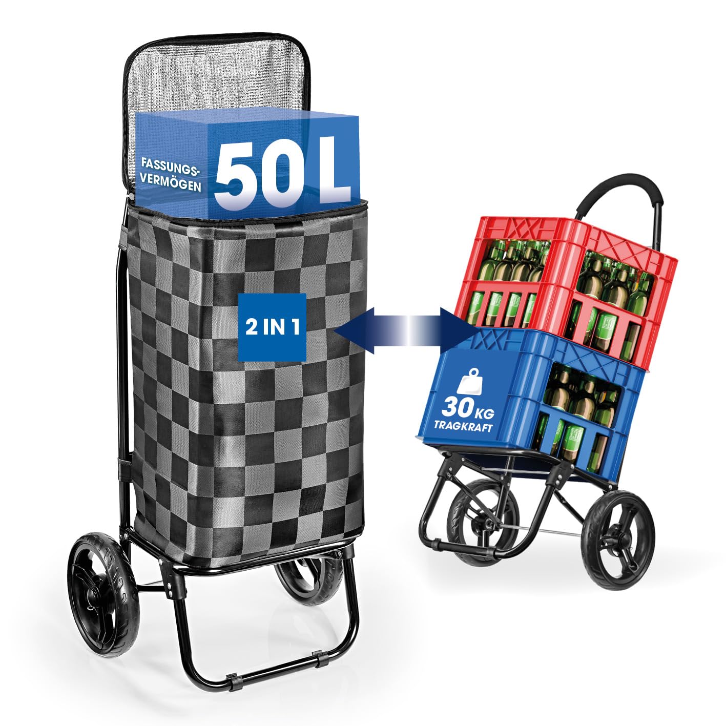 EASYmaxx Einkaufstrolley klappbar 52 L, bis 30 kg | Einkaufstrolley mit Kuehlfach & Sackkarre | Trolly Einkaufswagen mit Abnehmbarer Tasche | Einkaufstasche mit Rollen & Kühltasche - auch für Pakete