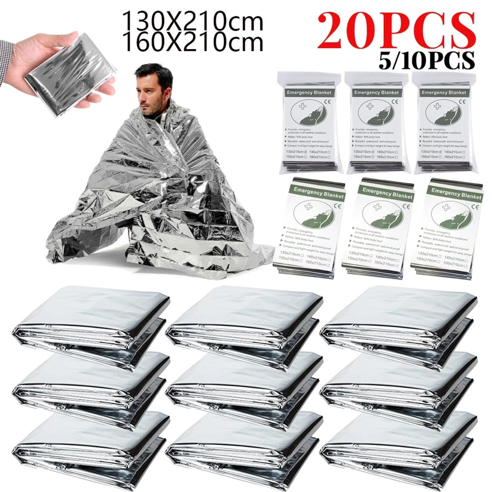 Manta térmica de Emergencia Impermeable, Ayuda SOS for desastres, Supervivencia, Rescate, Aislamiento, Manta de Primeros Auxilios, 5-20 Piezas(160X210cm 20pcs)