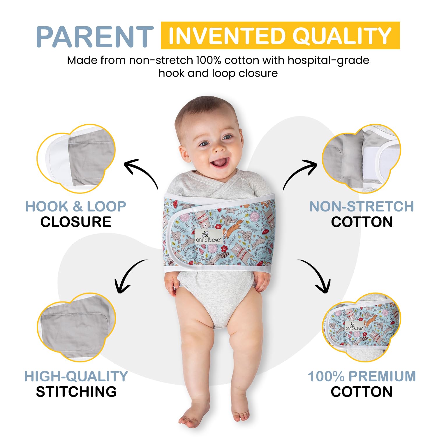 Anna & Eve® Baby Swaddle Strap for Newborns and Infants - 100% Cotton, No Overheating - The Original Arms Only - Adjustable Large Size Swaddle, Fits Chest 16" to 20.5" - Woodland Blue