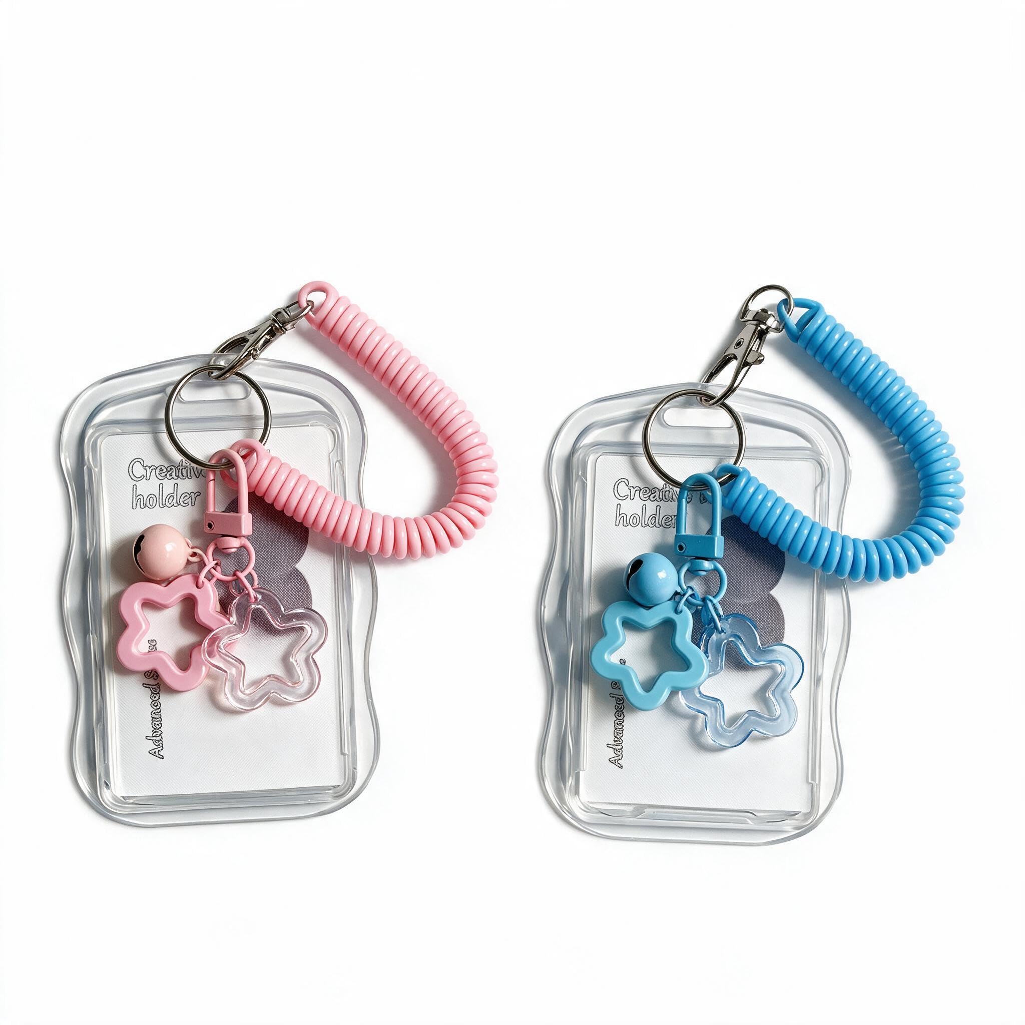 Nybrax 2 PCS Photocard Holder Keychain, Full Clear Photo Card Holder, Star-Wave Photo Frame with Keychain, Transparent PC Card Holder, for Bus Card Photo Protector ID Badge Display(Pink and Blue)