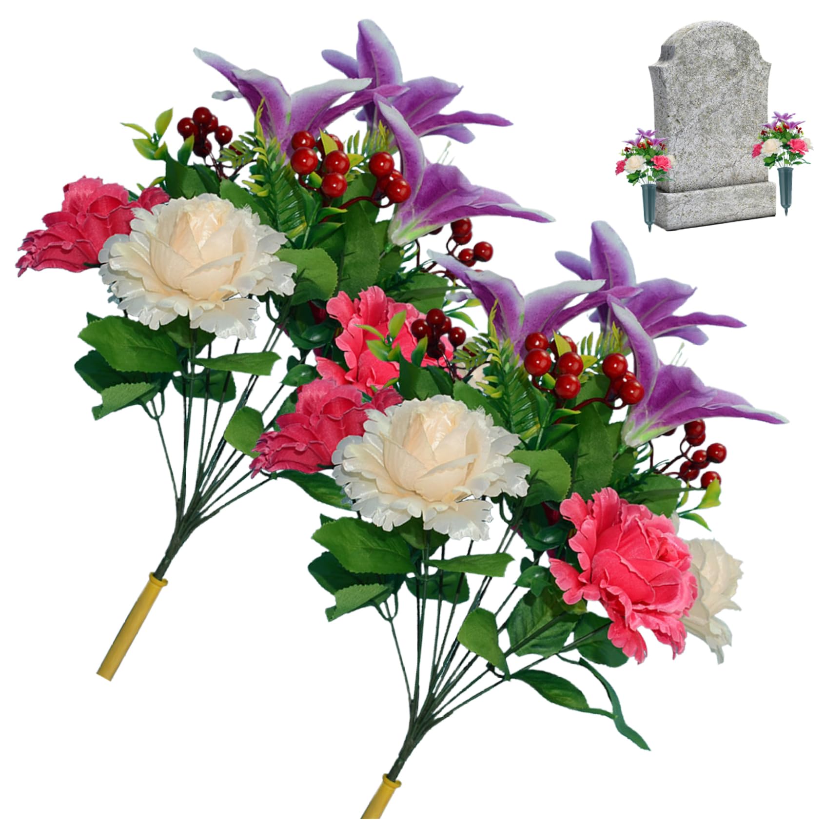 Wedhapy Cemetery Flowers For Grave 2 Bundles Artificial Flowers For Graves 17.3'' Grave 12 Heads Cemetery Rose and Lily Memorial Silk Purple