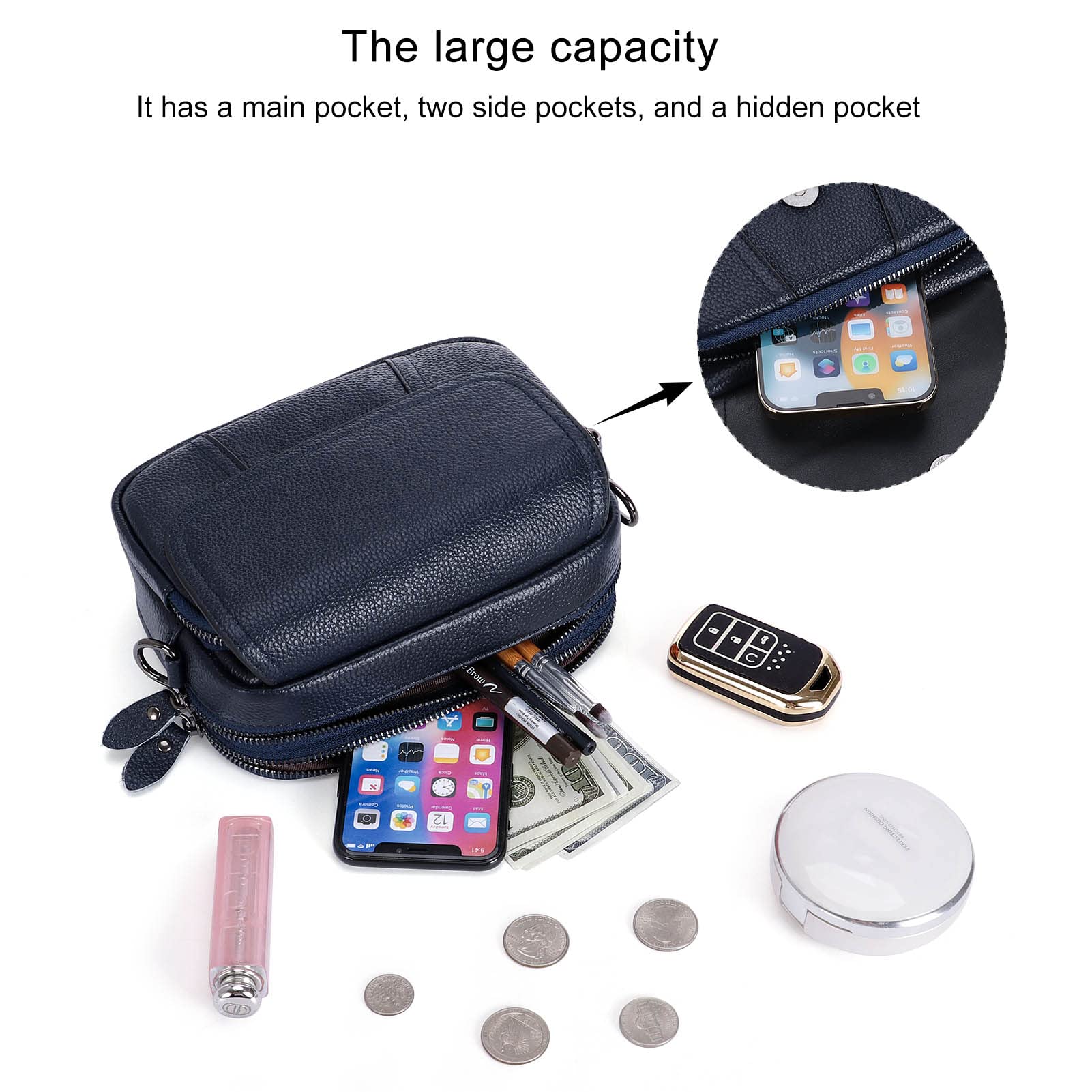 HUA ANGEL Bolso Bandolera Mujer Piel Auténtica, Bolso Pequeño de Cuero con 3 Compartimentos, Bolsos Mujer Móvil Elegante Bolsitos para Diario Trabajo Viaje Fiesta