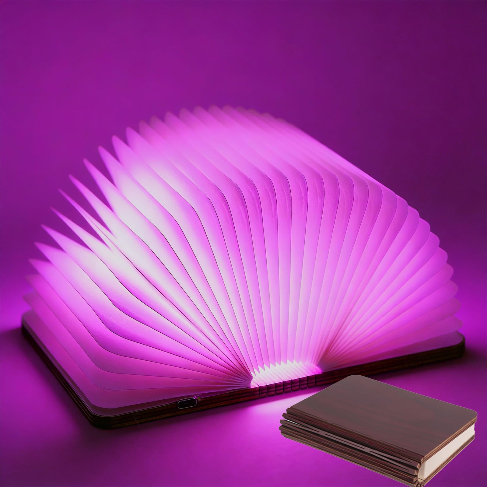 Apradas LED Wooden Folding Book Light, 7 Color Folding Book Light, USB Rechargeable, for Home Office Room Décor, 12 * 9 * 2.5CM (Colorful)