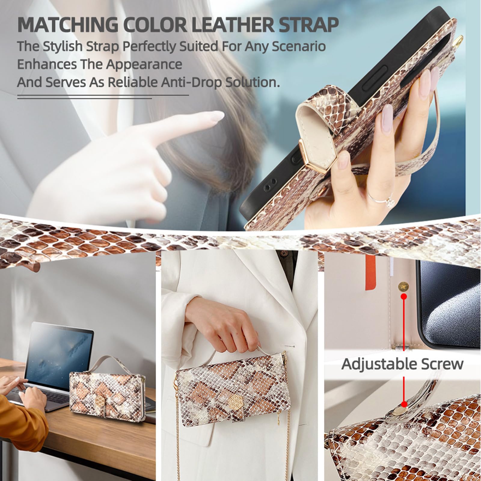 Portmonetka etui do iPhone 16 Pro Max / 16 Pro / 16 Plus/16, luksusowe, modne wzornictwo w wężu, skórzane, z klapką, z dużą przegródką na karty, etui na telefon komórkowy, białe, 16
