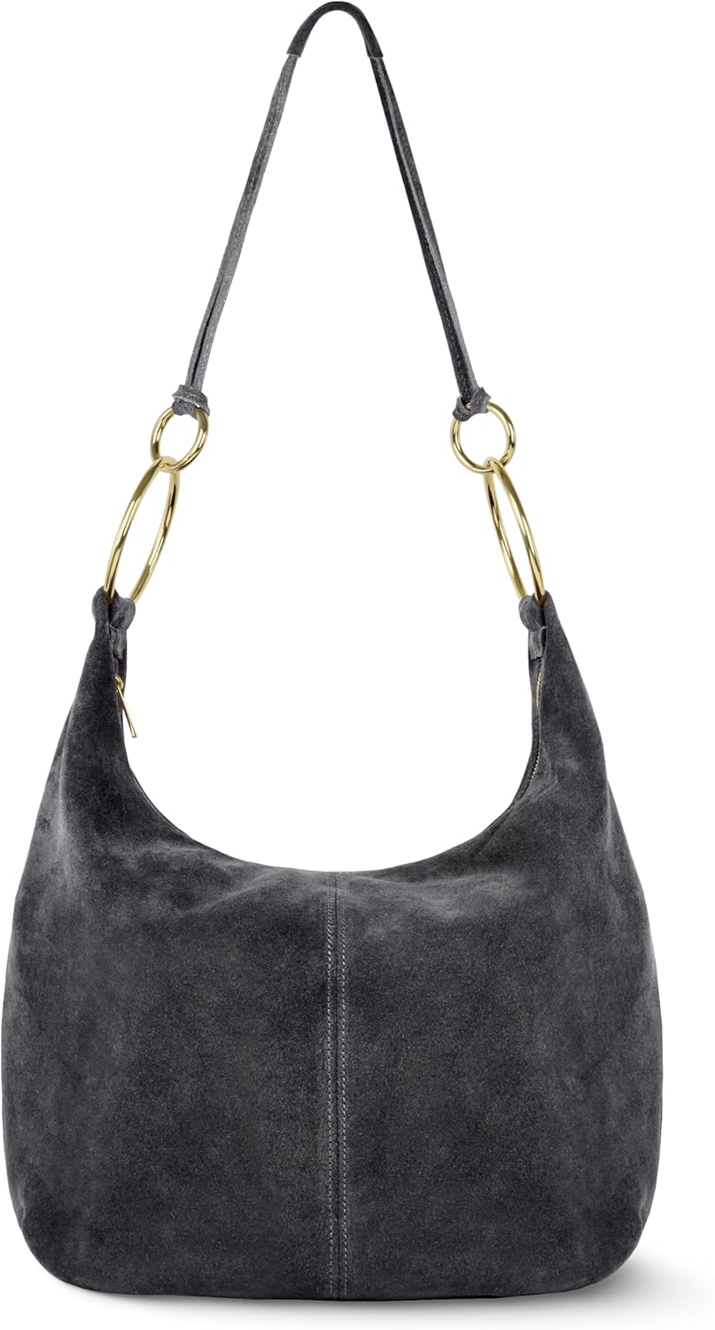 Italian Genuine Suede Hobo Bag for Women with Zippered Closure and Ring Handle Hardware | Large Shoulder Handbag