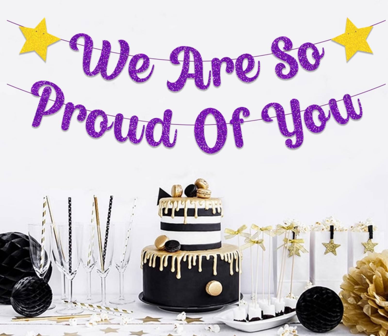 bng-bng We Are So Proud Of You Bunting Banner Glittery Graduation Congratulations Decoration Hanging Garland for Graduation Retirement Grad Party Decor Supplies Purple - Image 4