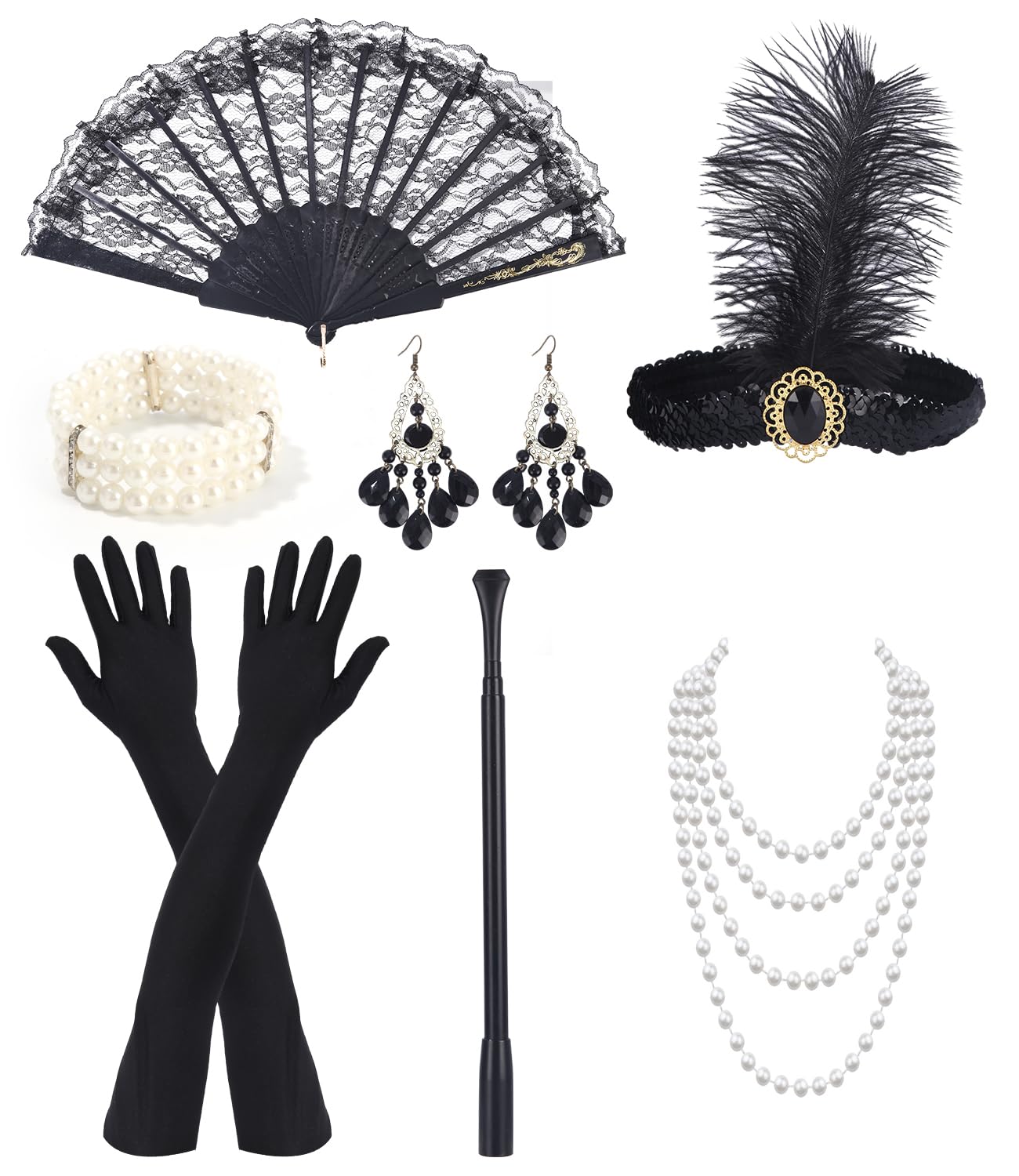 FAOKZE 11pcs Accesorios Años 20 Mujer, Accesorio año 20 mujer, 1920s Set de Accesorios, Disfraz de los años 20 para mujer, diseño de los años 20, Juego de Accesorios de Aleta de los años 20