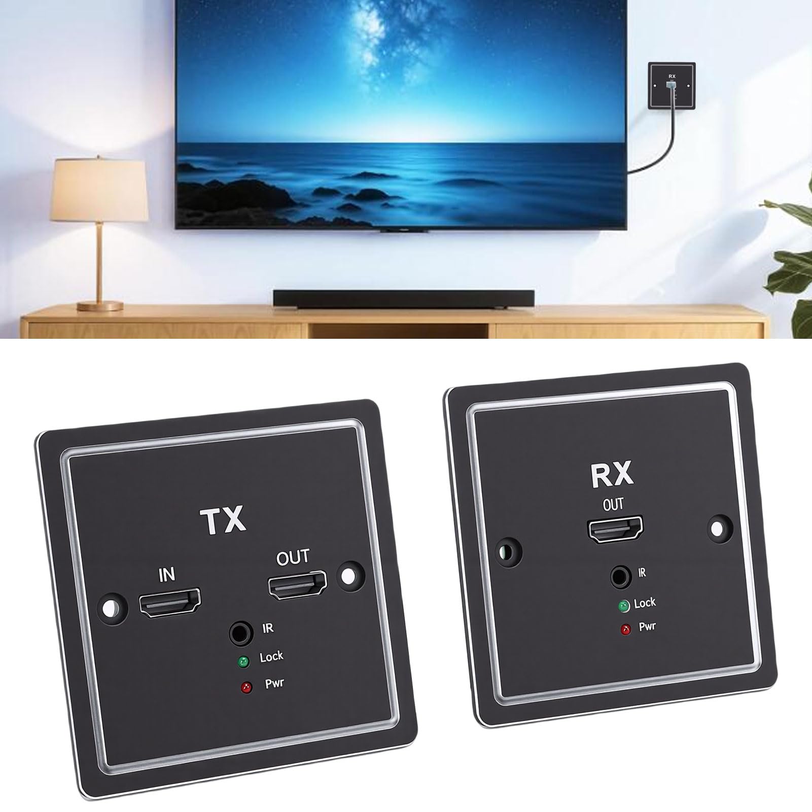 Cuifati HD-Multimedia-Wandplatten-Extender, Sender-Empfänger 1080P HD-Videoton Bis zu 197 Fuß über Cat6-Kabel, mit IR-Steuerung, für TV-Projektor, Gaming-Konsole, PC