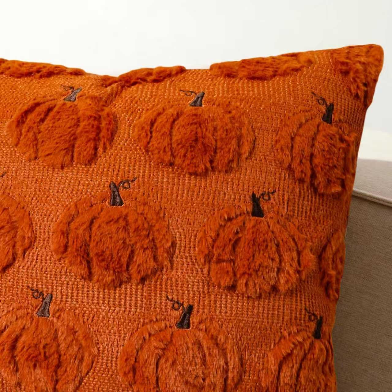Pumpkin Ghost Halloween Pillow Covers Set of 2 Rust Red Fall Soft Plush Faux Fur Pillowcase Decorations for Sofa Couch Bed Living Room (Orange Pumpkin, 18" x 18")
