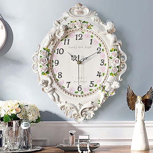 Miniatura 4 de Reloj de pared rústico, estilo europeo, de resina, funciona con pilas, con patrón de ángel y rosa en relieve para sala de estar, decoración de pared